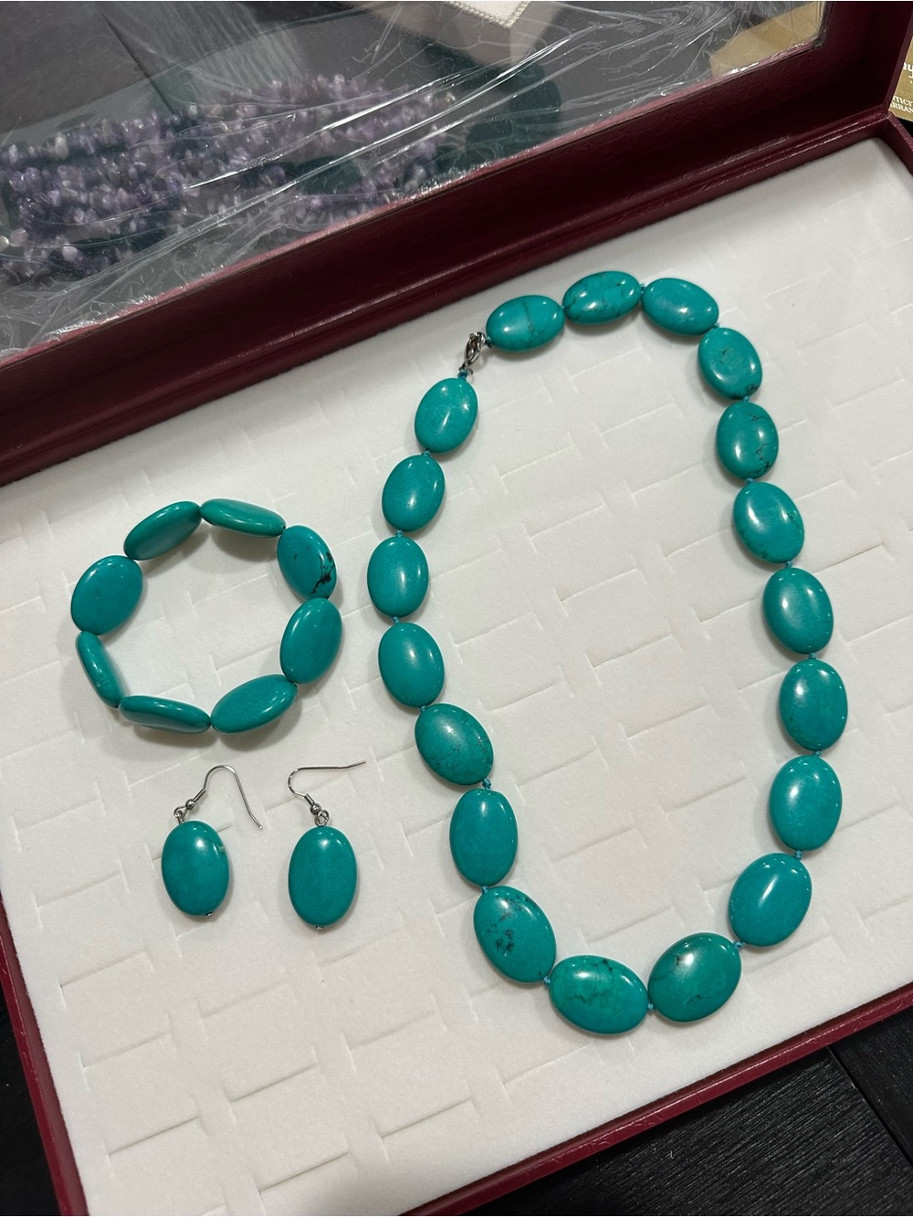 Turquoise Oval Stone Necklace Bracelet & Earrings Jewelry Set